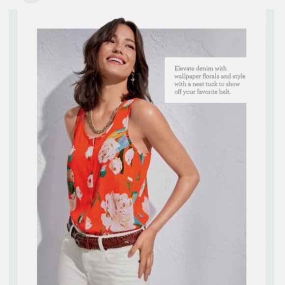 Cabi Top Womens Small Coral‎ Floral Manet Pullover Button Down Sleeveless Blouse - Picture 1 of 8